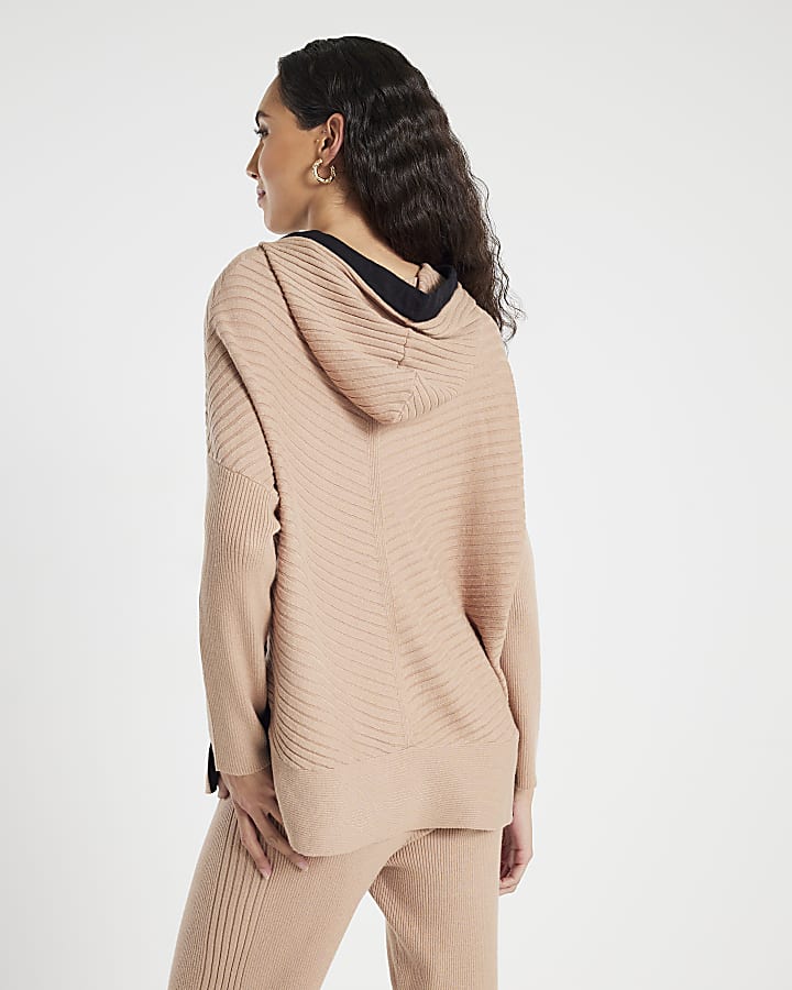 Brown Knitted Ribbed Hoodie