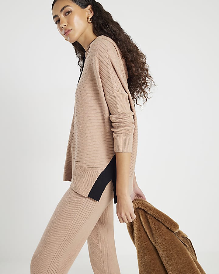 Brown Knitted Ribbed Hoodie