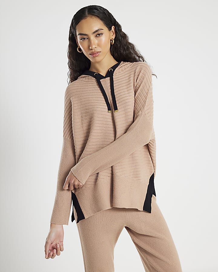 Brown Knitted Ribbed Hoodie