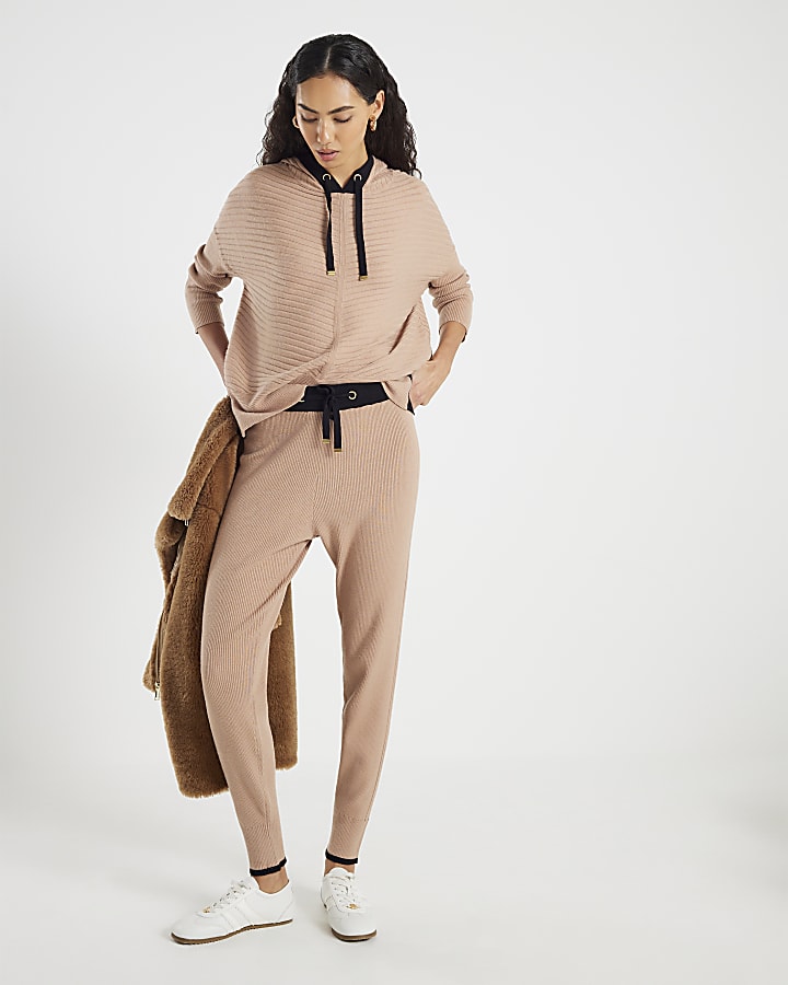 Brown Knitted Ribbed Hoodie