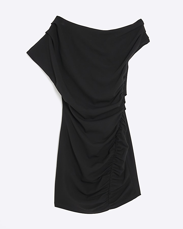 Black Short Sleeve Ruched Mini Dress