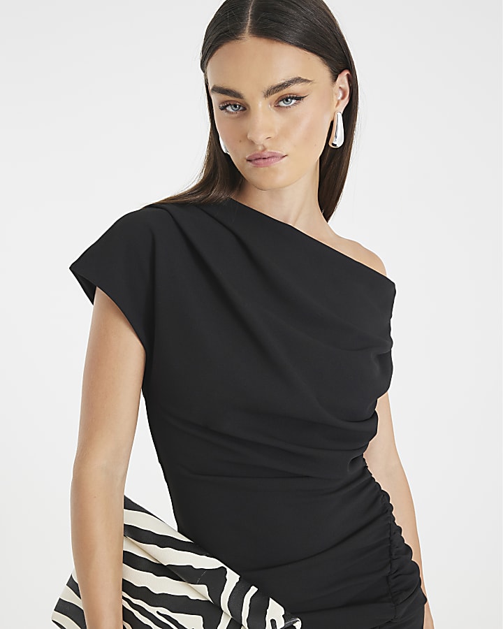 Black Short Sleeve Ruched Mini Dress
