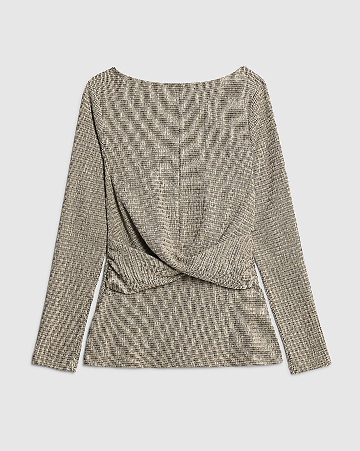 Grey Long Sleeve Textured Twist Front Top