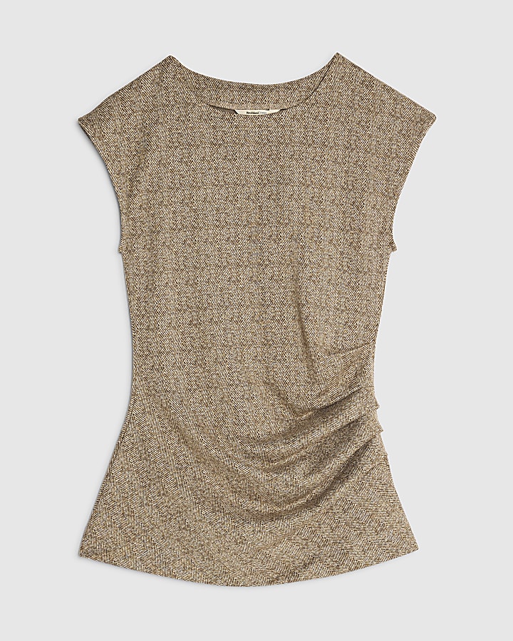 Brown Herringbone Sleeveless Drape Top