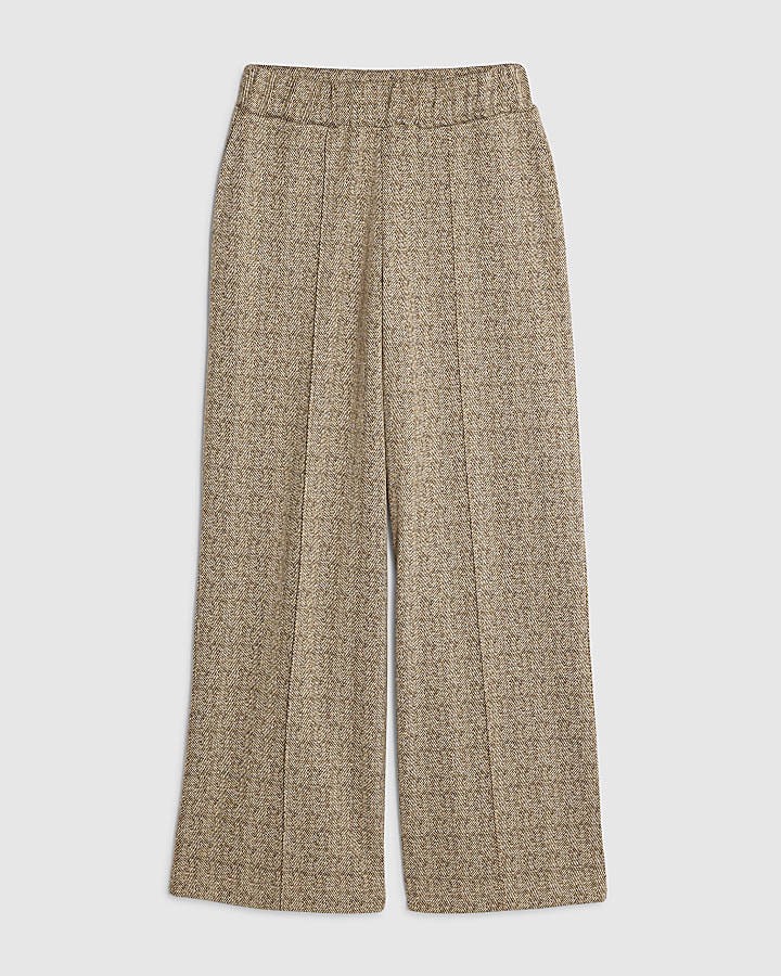 Brown Herringbone Wide Leg Trousers