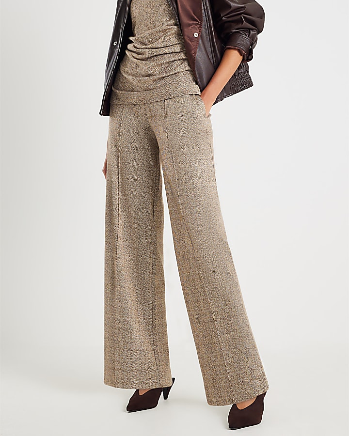 Brown Herringbone Wide Leg Trousers