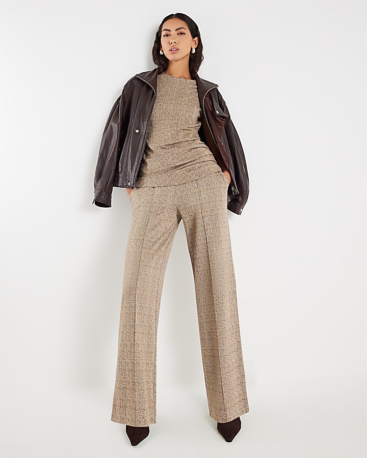 Brown Herringbone Wide Leg Trousers