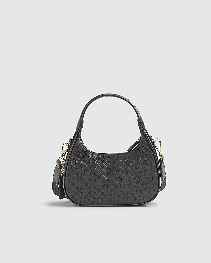 Black Faux Leather Monogram Cross Body Bag
