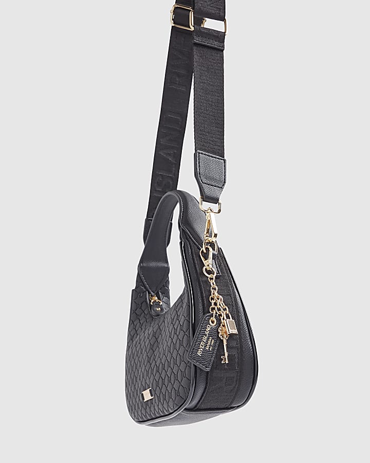 Black Faux Leather Monogram Cross Body Bag