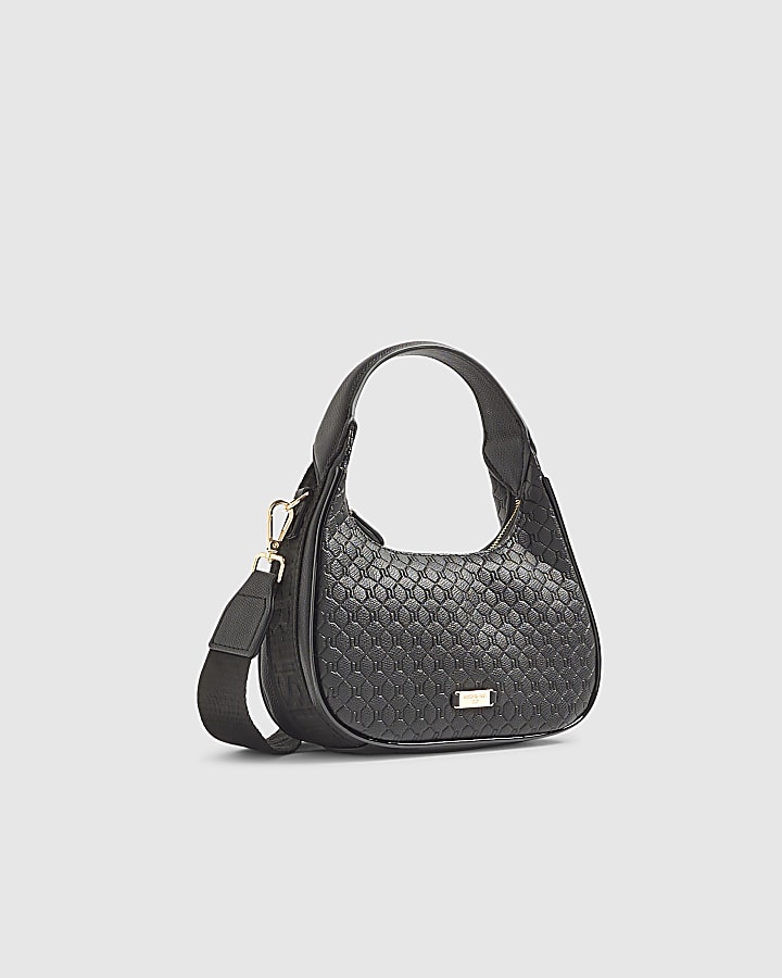 Black Faux Leather Monogram Cross Body Bag