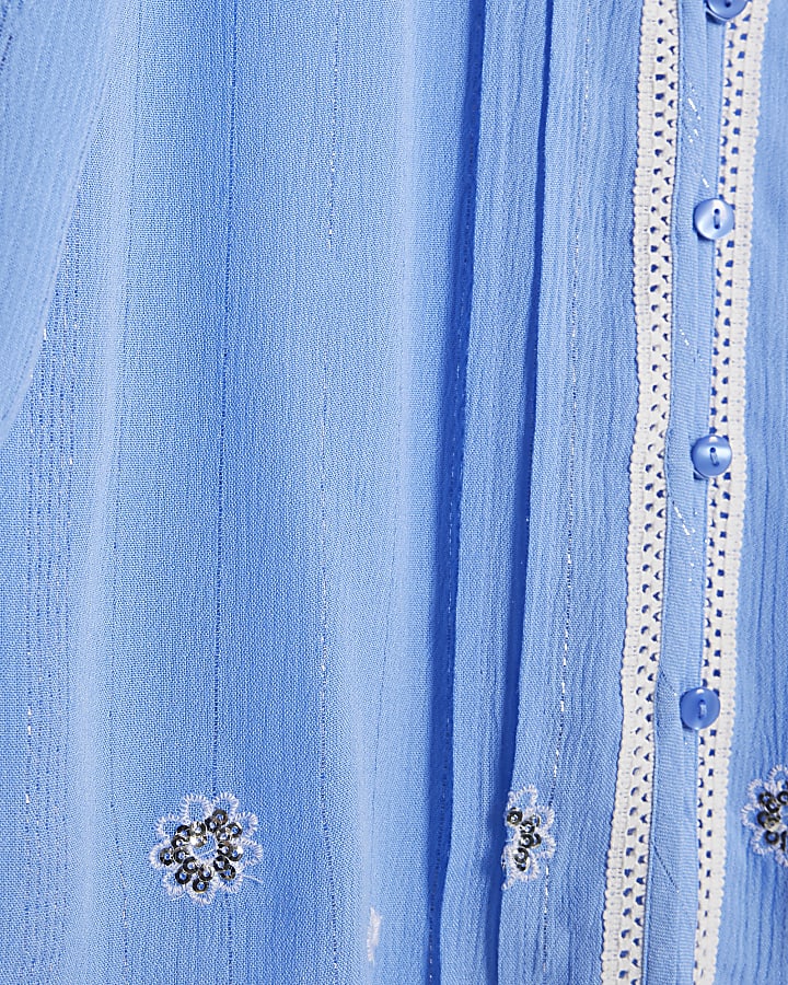 Blue Lace Trim Embroidered Beach Shirt