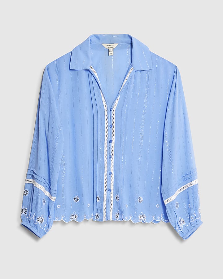 Blue Lace Trim Embroidered Beach Shirt