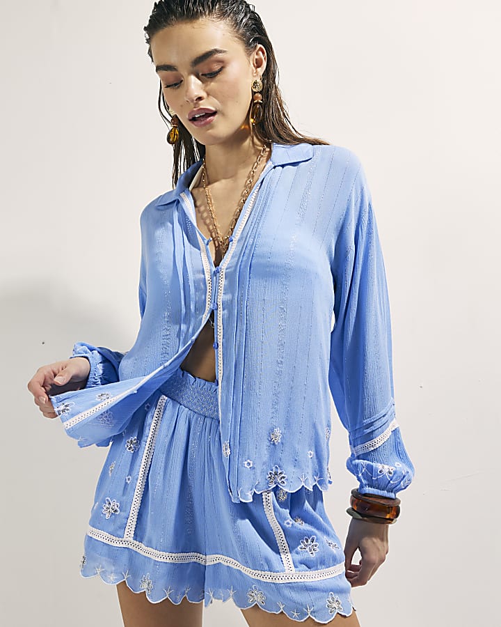 Blue Lace Trim Embroidered Beach Shirt