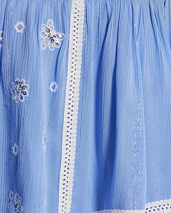 Blue Lace Trim Embroidered Beach Shorts