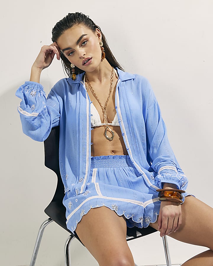 Blue Lace Trim Embroidered Beach Shorts