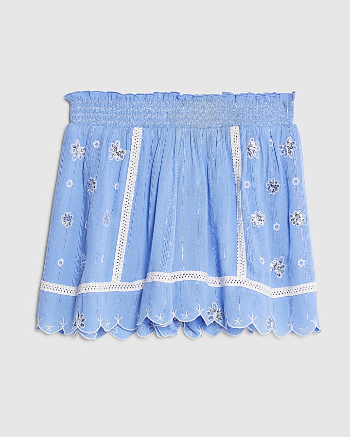 Blue Lace Trim Embroidered Beach Shorts