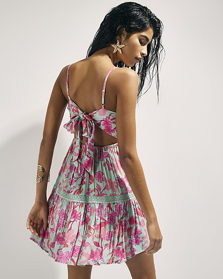 Green Floral Shirred Mini Beach Dress