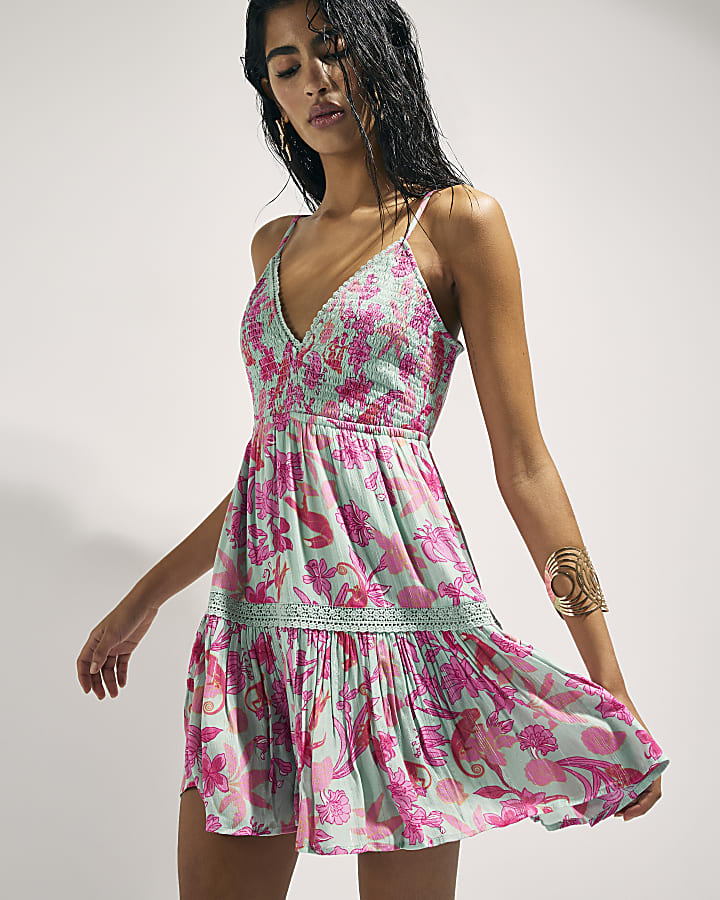 Green Floral Shirred Mini Beach Dress