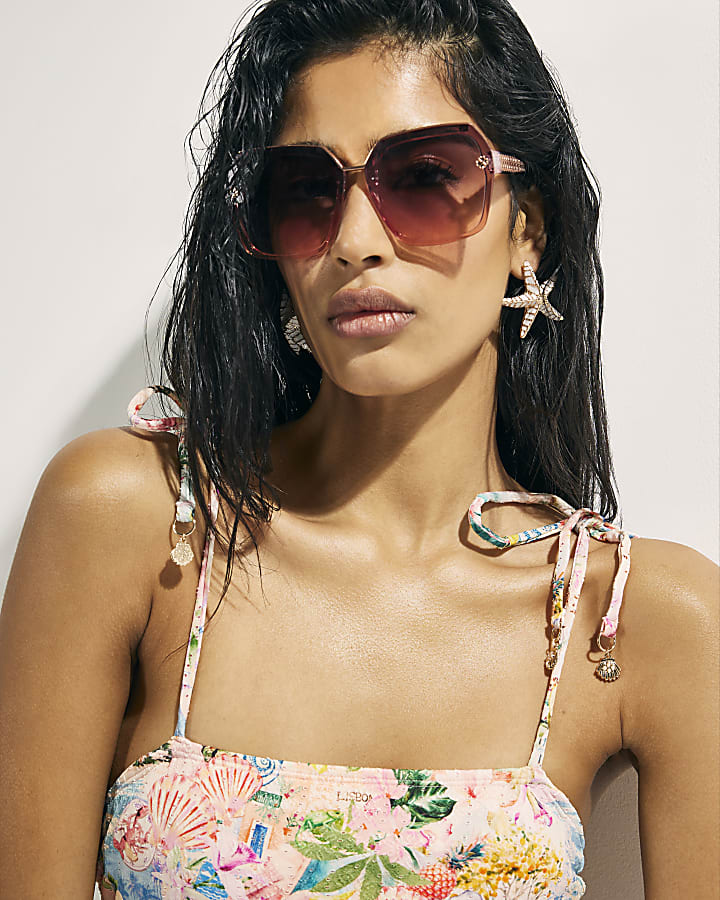 Pink Graphic Print Tie Strap Swimsuit