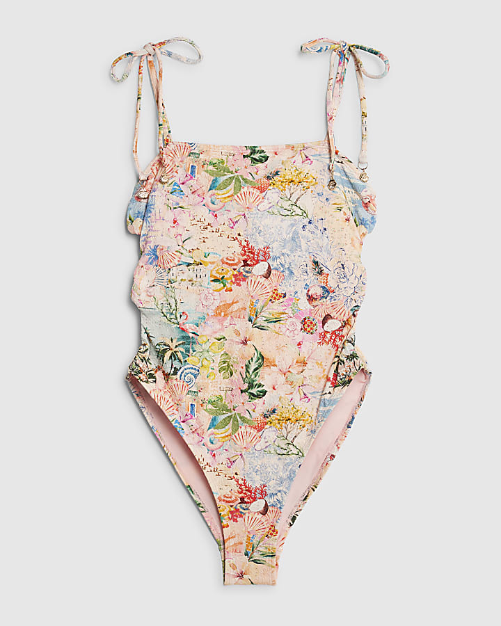 Pink Graphic Print Tie Strap Swimsuit
