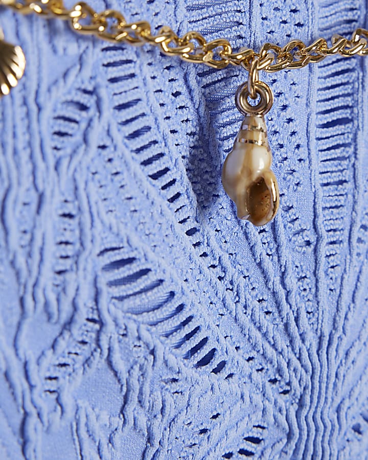 Blue Textured Shell Bandeau Bikini Top