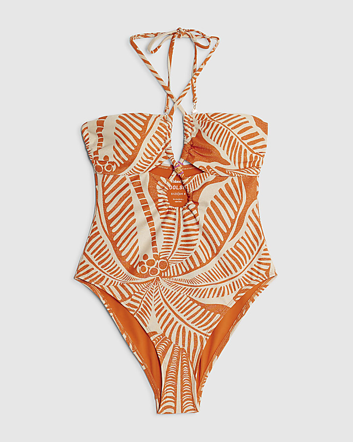 Orange Metallic Palm Print Swimsuit