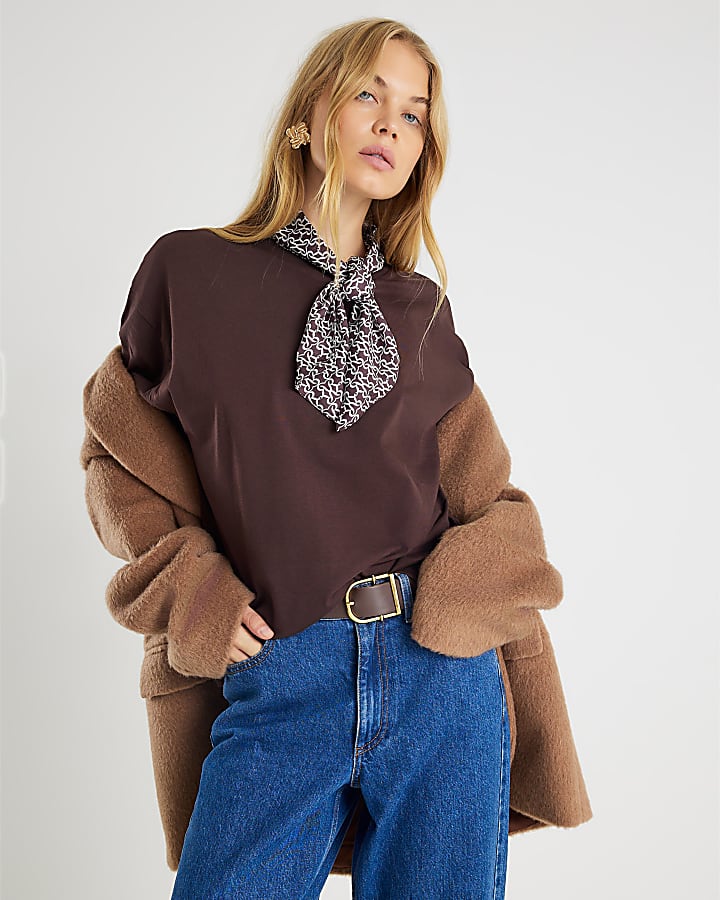 Brown Short Sleeve Scarf Detail T-shirt