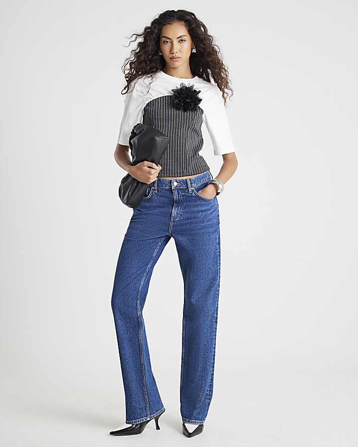 White Short Sleeve Pinstripe Hybrid T-shirt