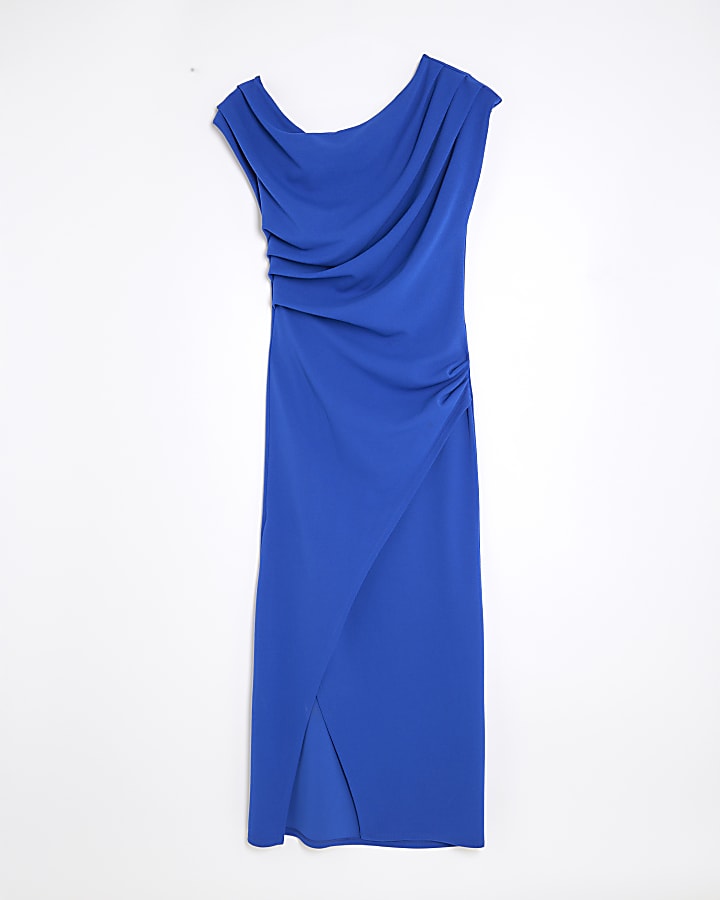 Blue Asymmetric Draped Wrap Midi Dress