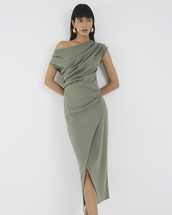 Khaki Asymmetric Draped Wrap Midi Dress