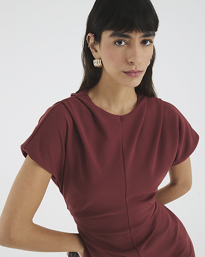 Brown Short Sleeve Ruched Mini Dress