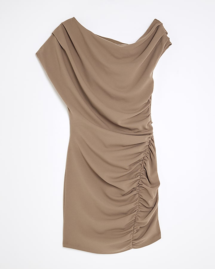 Brown Short Sleeve Ruched Mini Dress