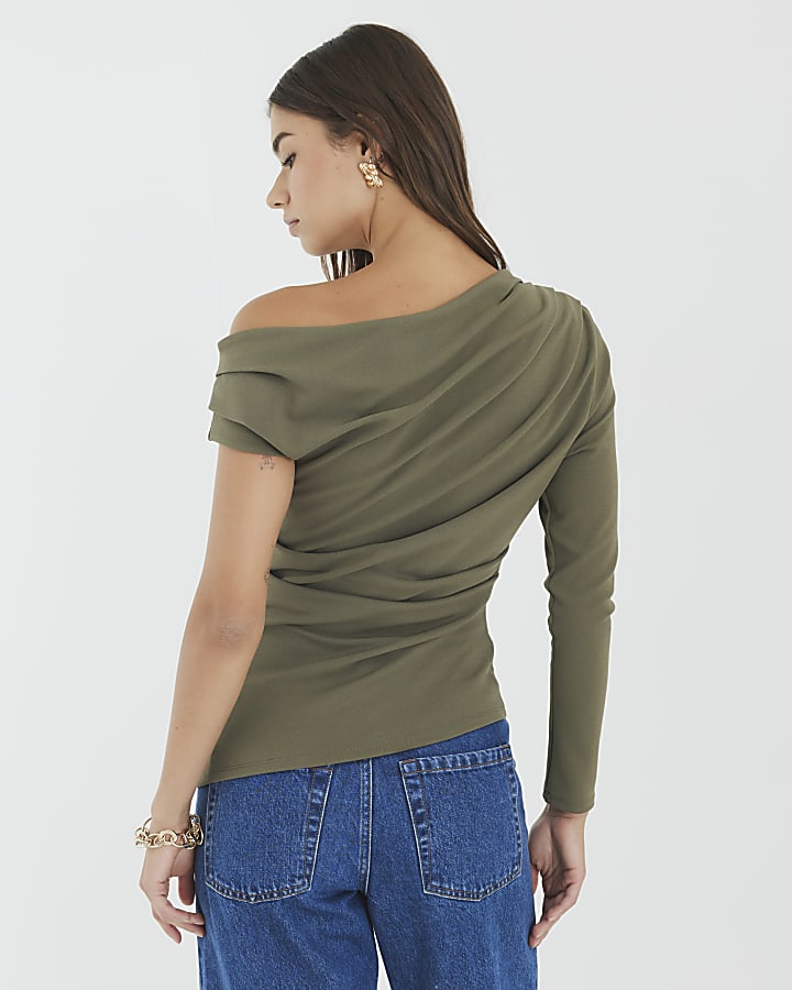 Khaki Long Sleeve Asymmetric Drape Top