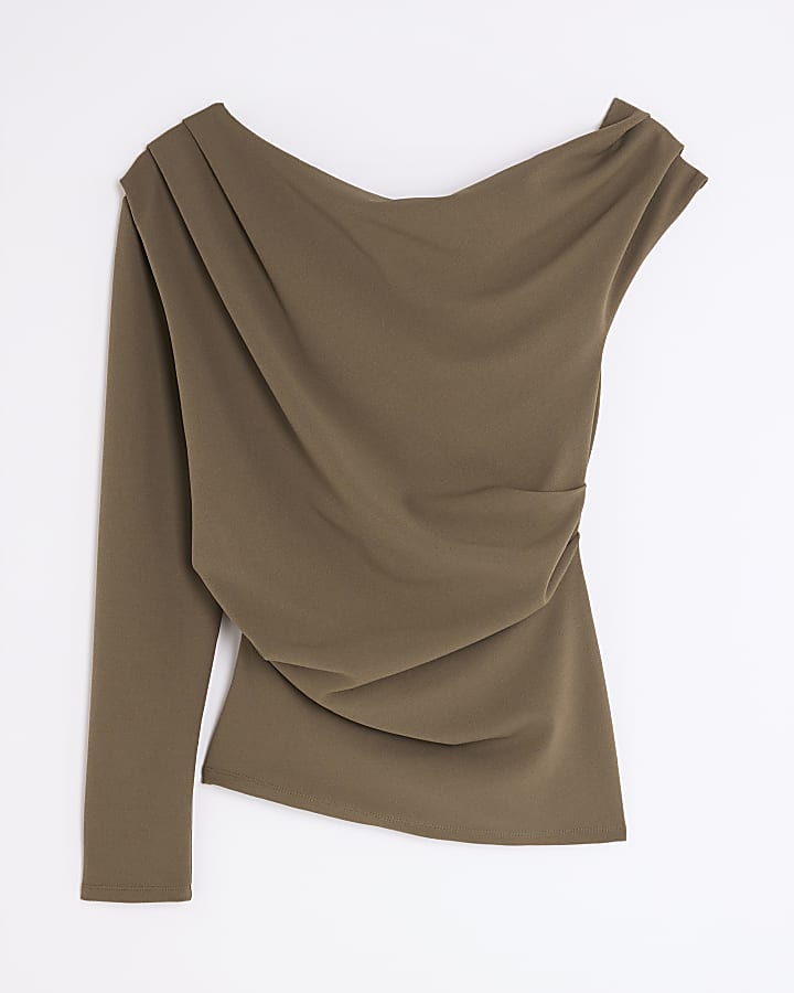Khaki Long Sleeve Asymmetric Drape Top