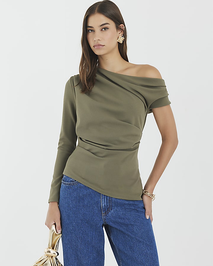 Khaki Long Sleeve Asymmetric Drape Top