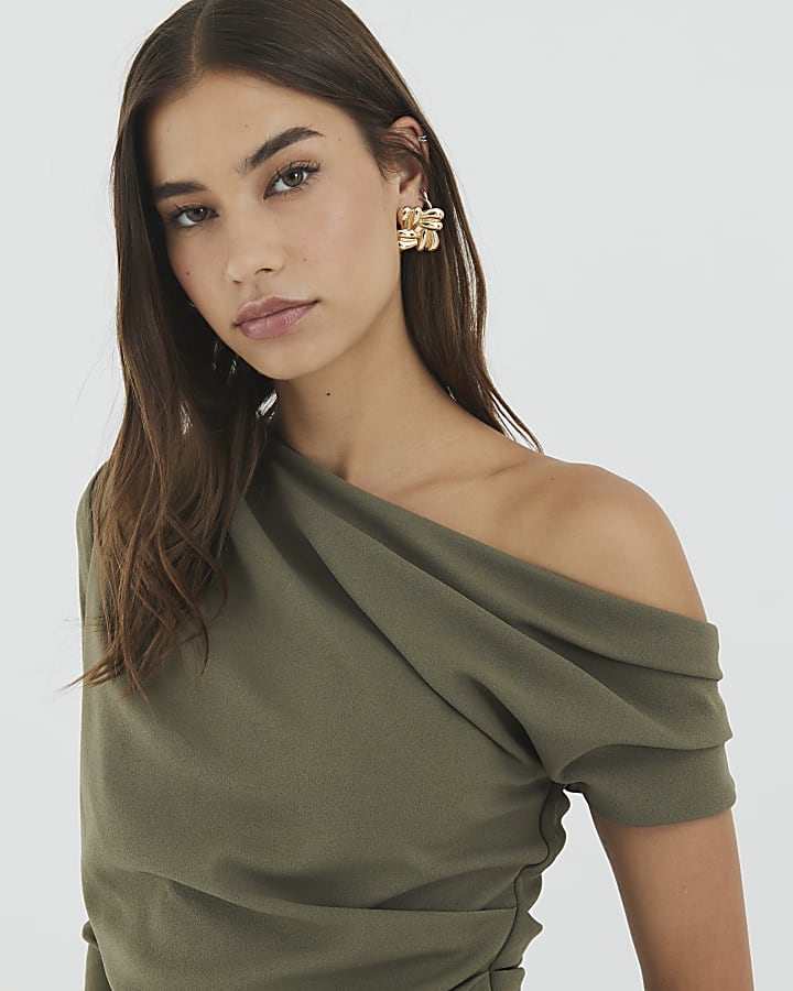 Khaki Long Sleeve Asymmetric Drape Top