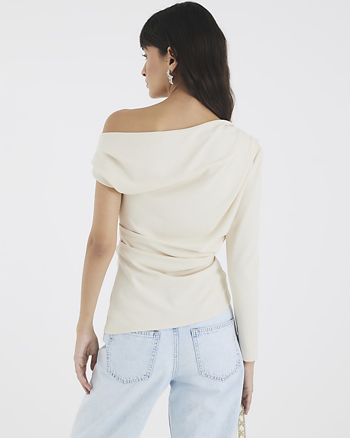 Cream Long Sleeve Asymmetric Drape Top