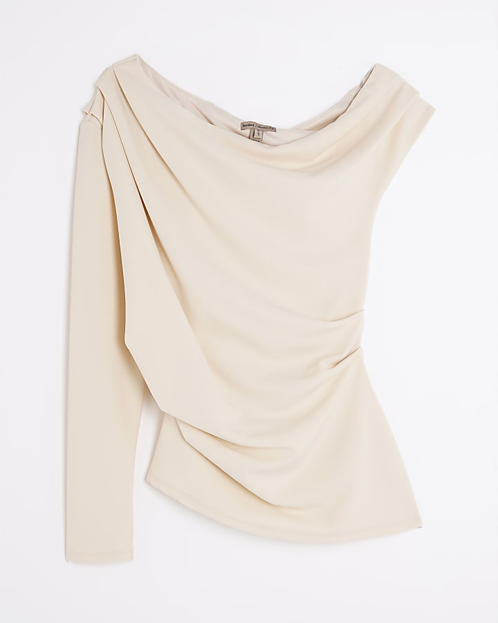 Cream Long Sleeve Asymmetric Drape Top