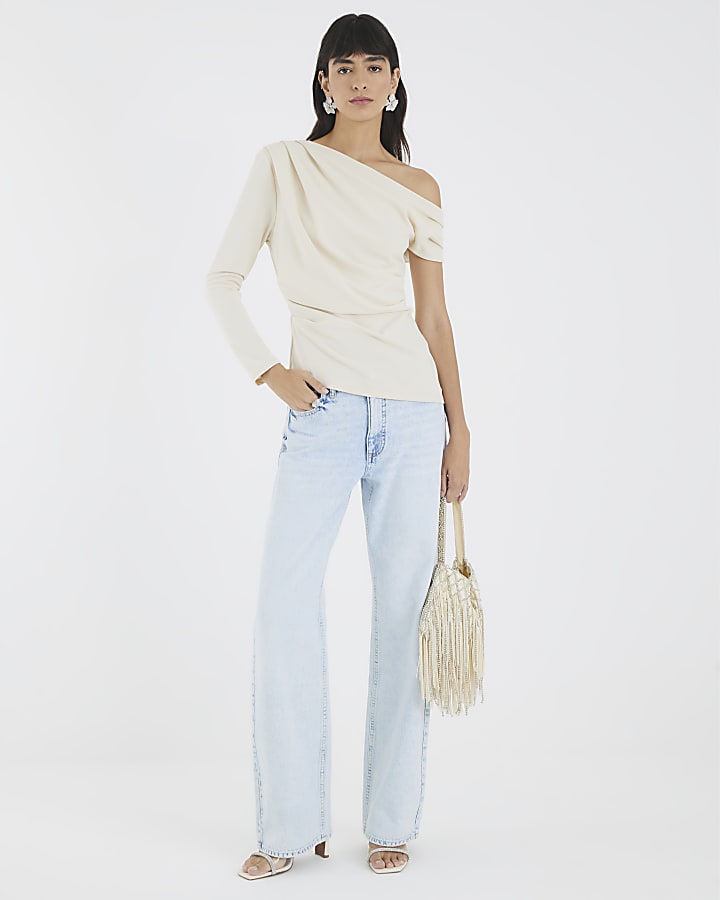 Cream Long Sleeve Asymmetric Drape Top