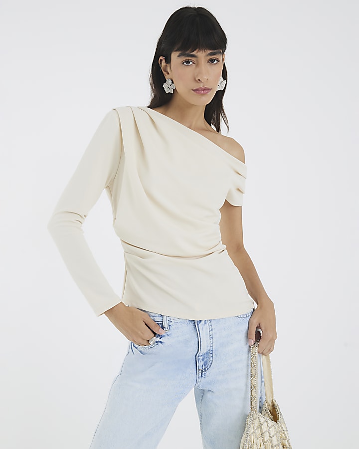 Cream Long Sleeve Asymmetric Drape Top
