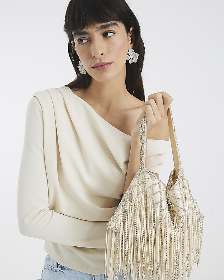 Cream Long Sleeve Asymmetric Drape Top