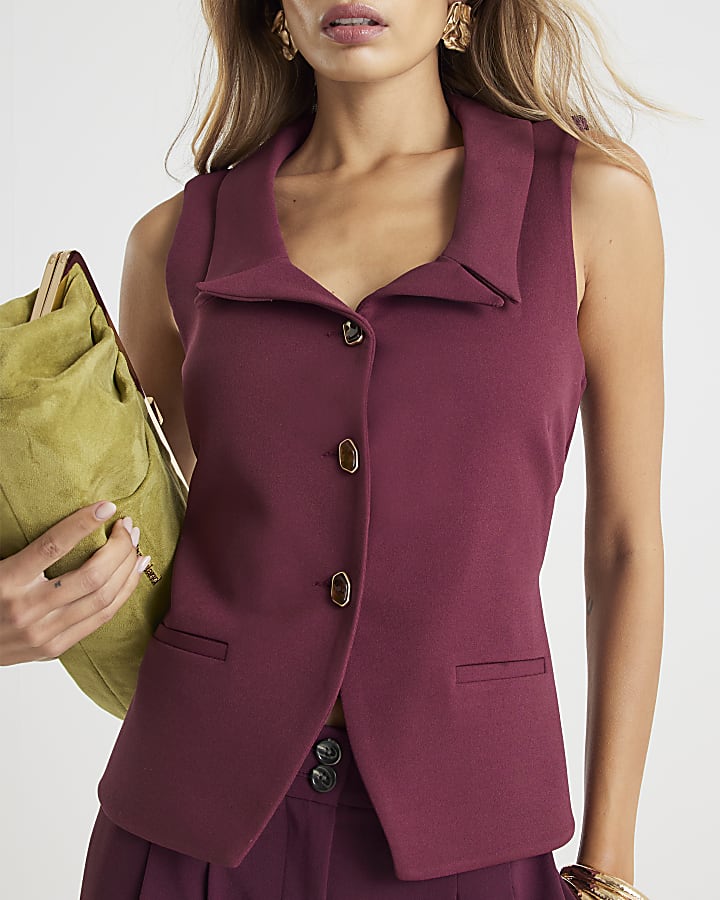 Purple Sleeveless Lapel Waistcoat