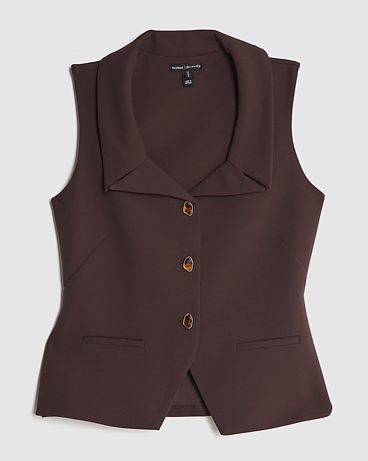 Brown Sleeveless Lapel Waistcoat