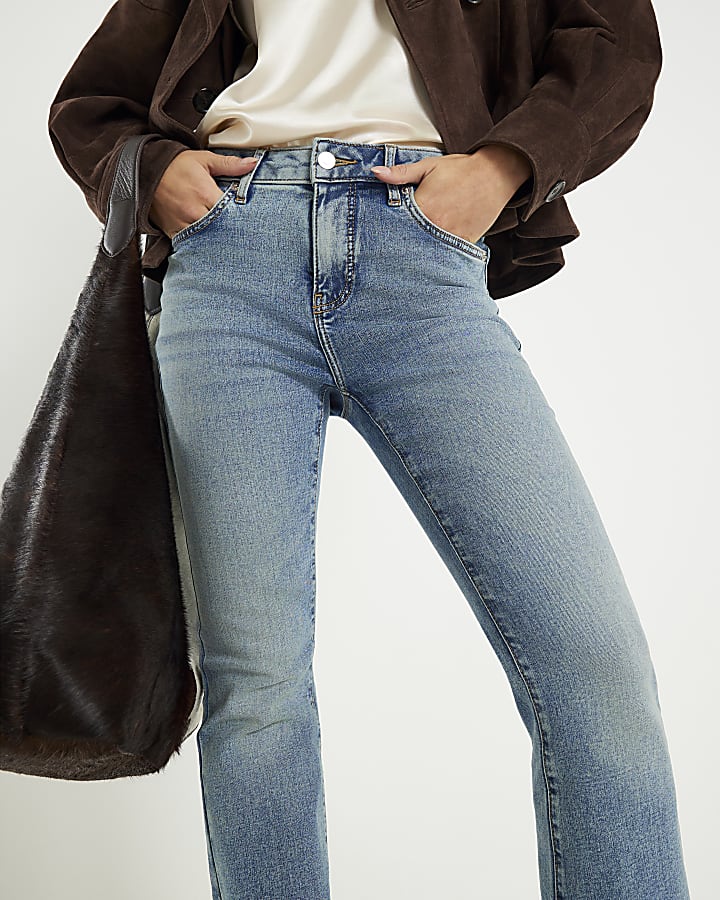 Petite Blue Mid Rise Flared Jeans