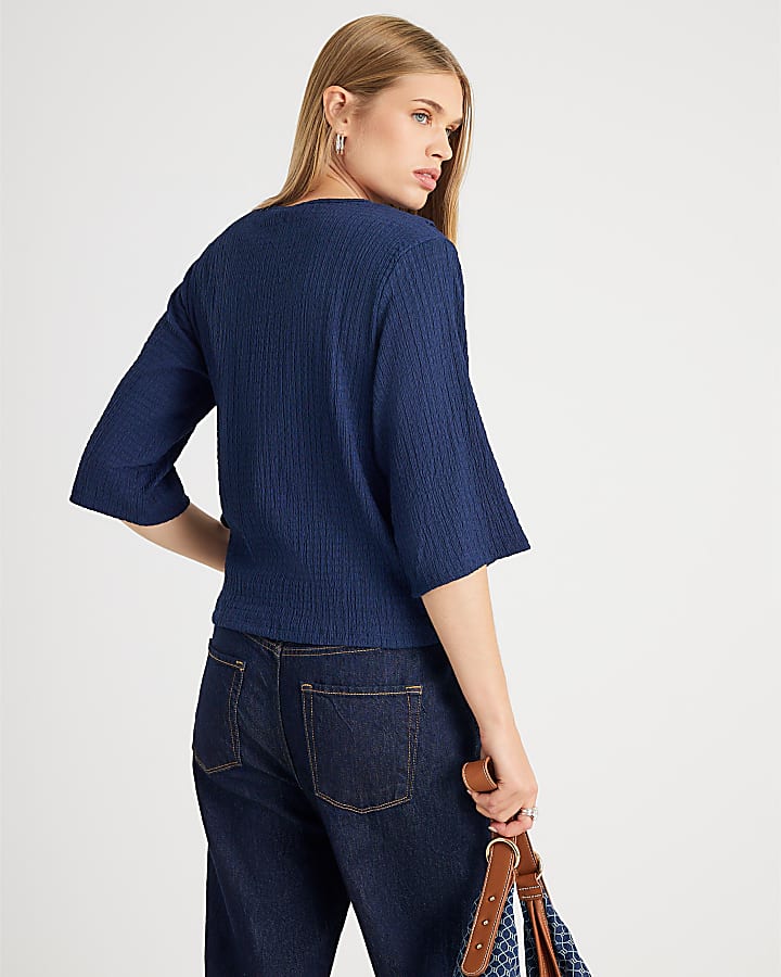 Navy Long Sleeve Textured Knot Side Top
