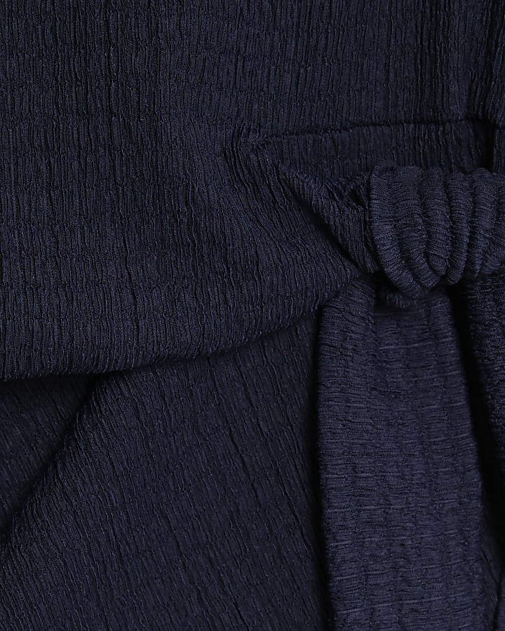 Navy Long Sleeve Textured Knot Side Top