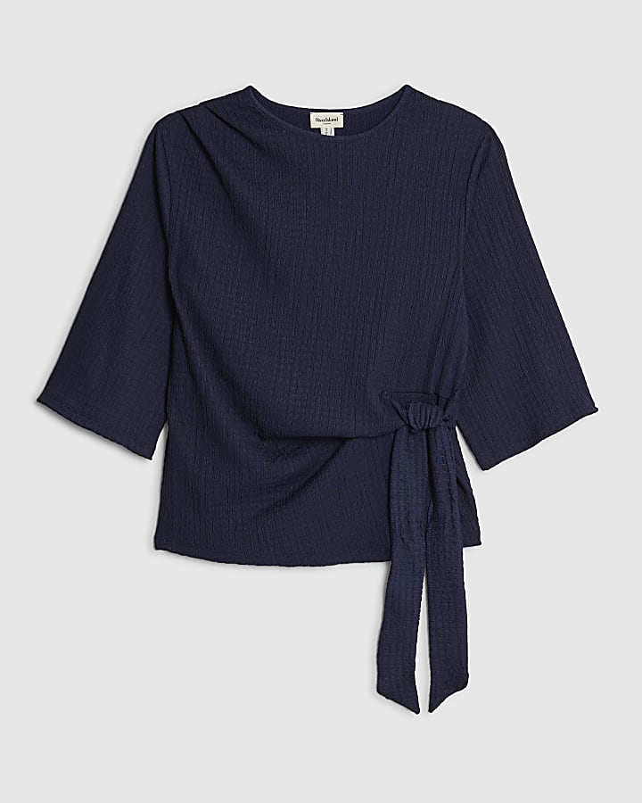 Navy Long Sleeve Textured Knot Side Top