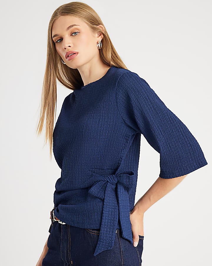 Navy Long Sleeve Textured Knot Side Top
