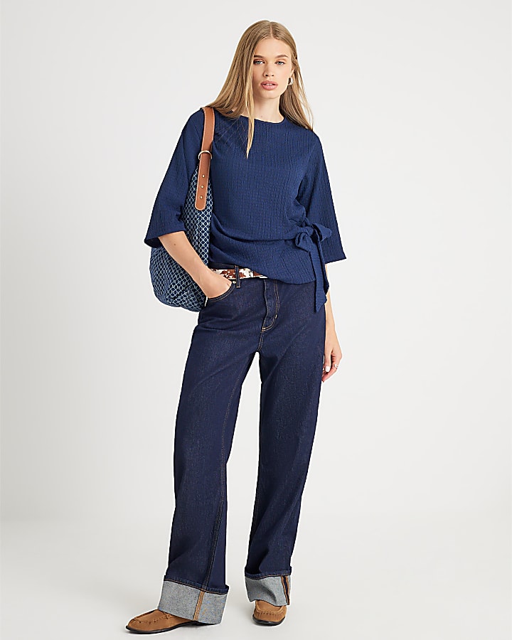 Navy Long Sleeve Textured Knot Side Top