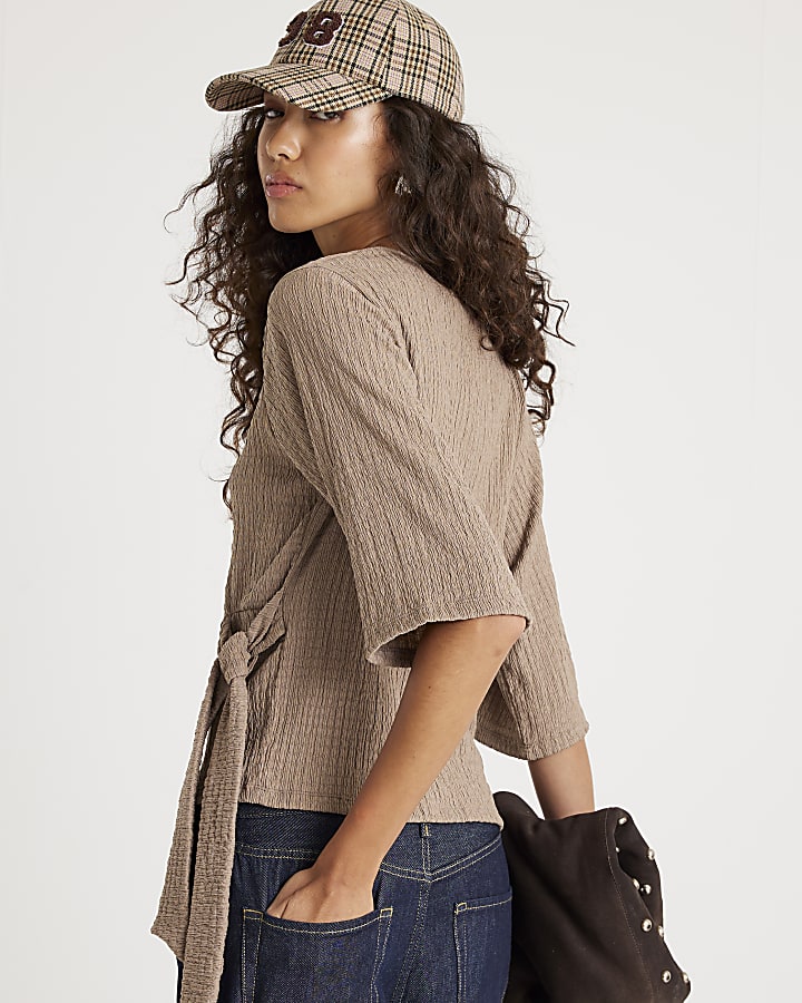 Beige Short Sleeve Textured Knot Side Top